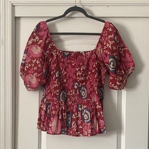 Jennifer & Grace - Women’s Burgundy Floral Puff Sleeve Smocked Top